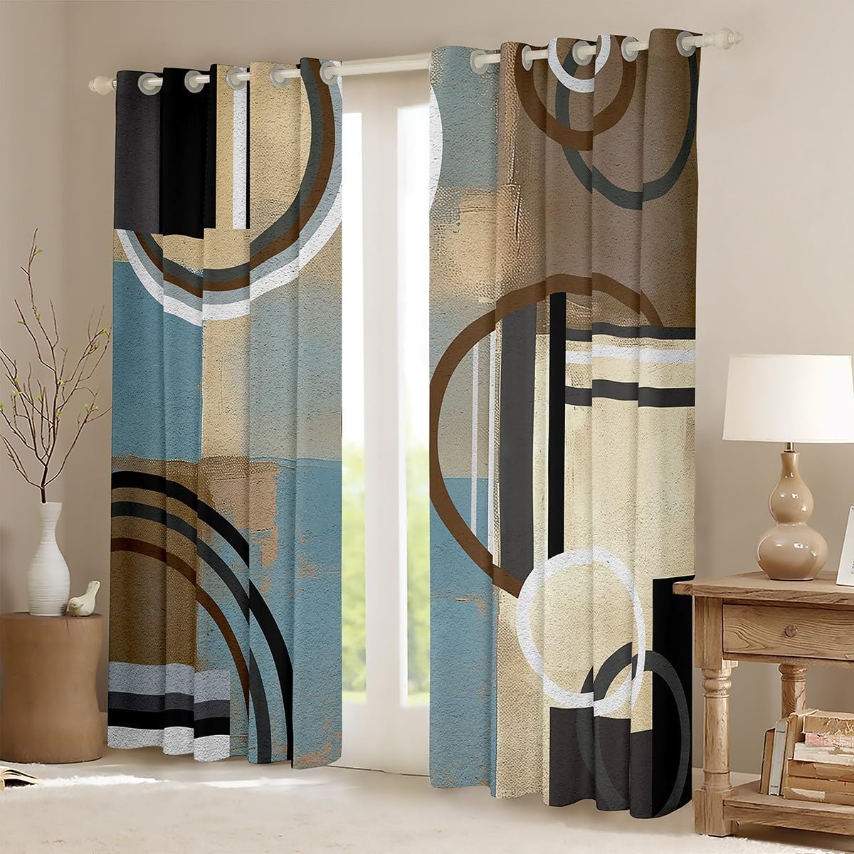 Erosebridal Brown and Blue 100% Blackout Curtains,Oil Painting Curtains for Kids Bedroom Decor,Watercolor Pastel Artwork Window Curtains & Drapes,Geometric Circles Swirls Window Treatments 52"X84"