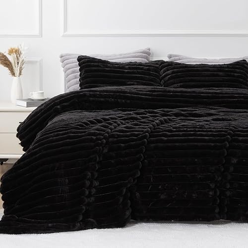 A Nice Night Juego de edredón de forro polar a rayas, tamaño Queen, súper suave y cálido, ropa de cama mullida de pelo sintético de lujo para