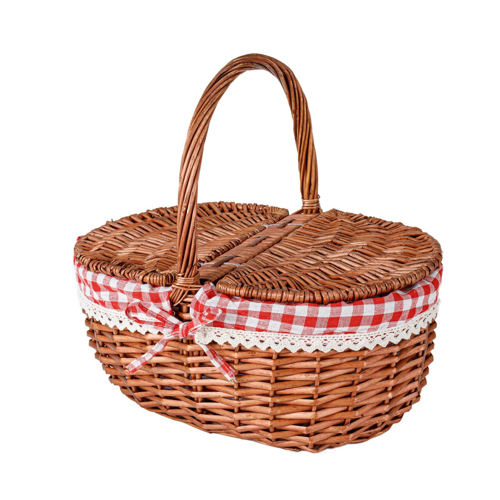 THY Collectibles Woven Wicker Picnic Basket with Double Lids and Handle with Washable Lining Basket for Eggs, Candy, Flowers Rattan Cottage Style Storage - L14 x W9.8 x H6.3 (Red Brown)
