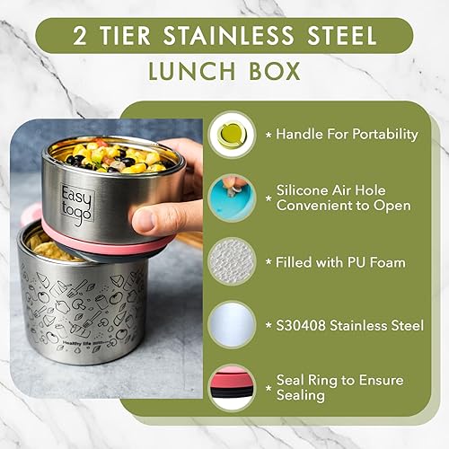 Miniatura 2 de Lonchera de 2 niveles  Contenedor de alimentos aislado apilable de acero inoxidable de 32 onzas con bolsa de almuerzo, lonchera portátil para