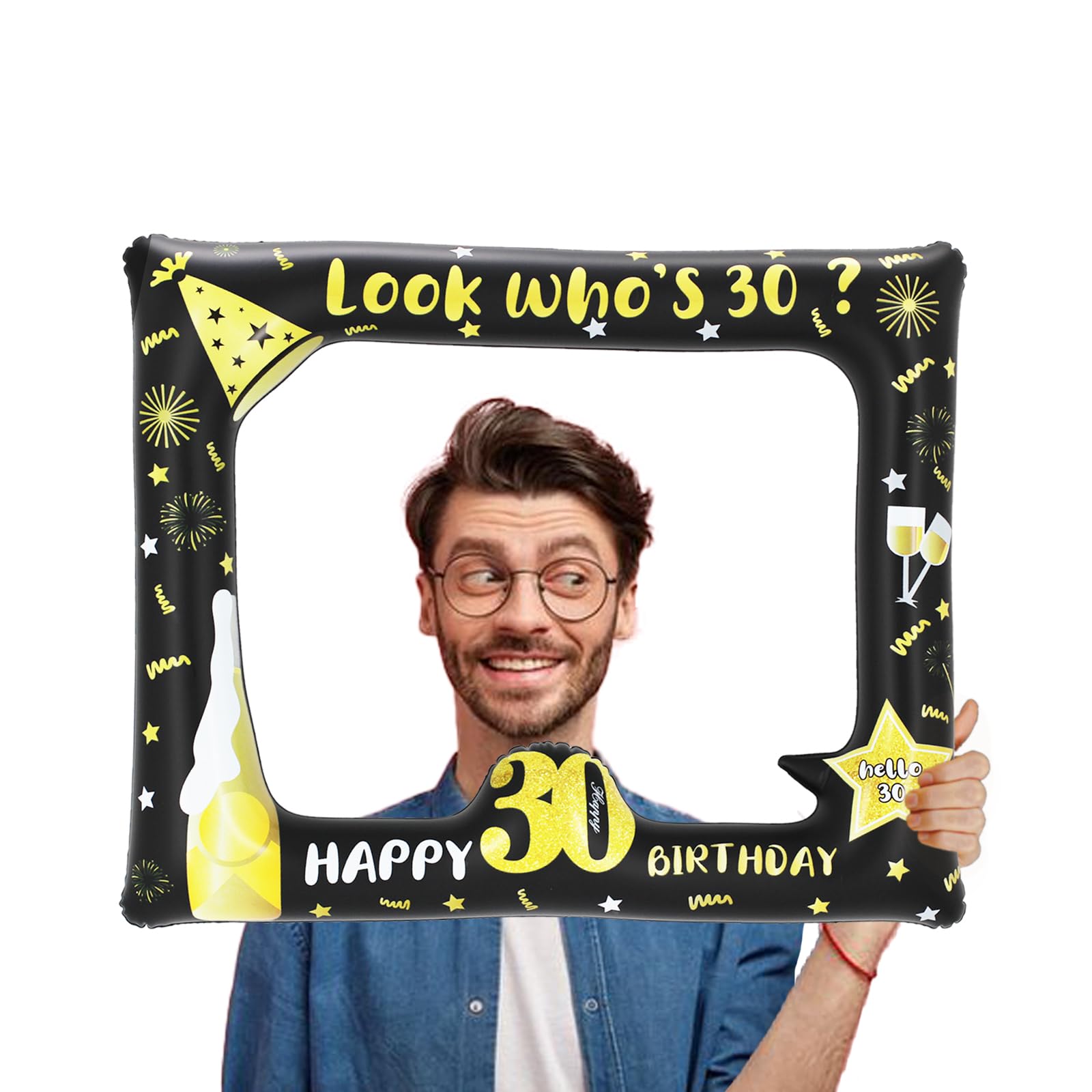 Kit Completo Per Festa 30° Compleanno: 35 Accessori Per Cabina Fotografica + Cornice Gonfiabile Oro E Nero