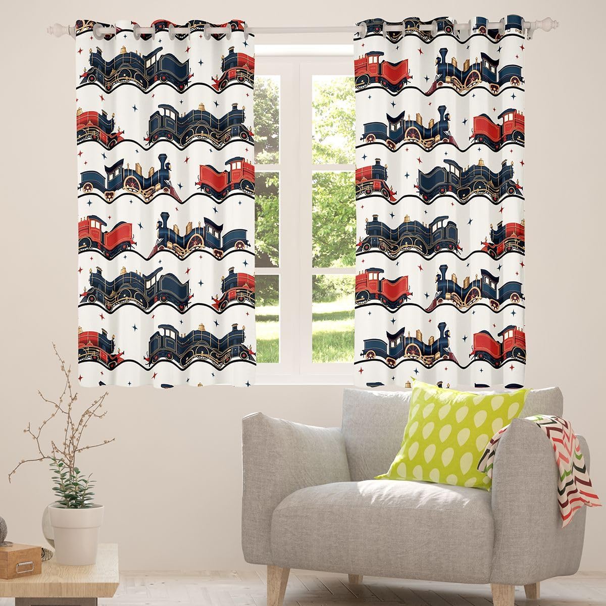 Feelyou Train Blackout Curtains Vintage Steam Engine Darkening Drapes for Bedroom Living Room Decor Cartoon Classic Railway Retro Thermal Insulated Shades Window Treatments, 2 Panels 38 x 54 Inch