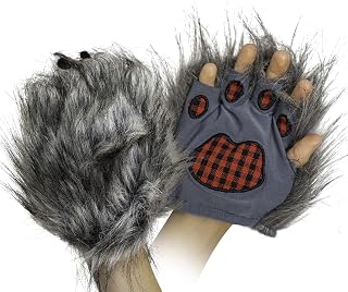 Skeleteen Wolf Paw Costume Gloves - Grey Hairy Werewolf Claw Cuffs Hands Monster Animal Hand Paws Costume Accessories for Kids and Adults