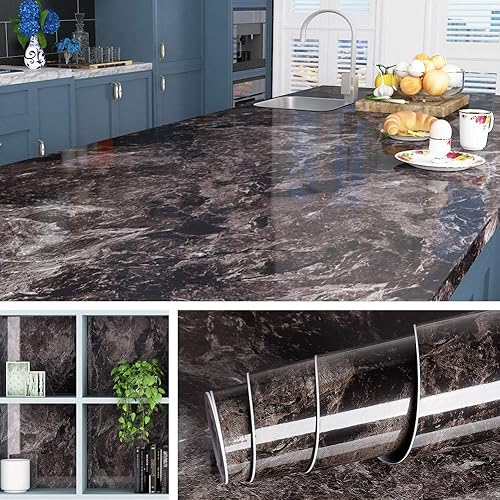 Livelynine Papel de contacto de mármol negro de 197 x 36 pulgadas de ancho para escritorio de cocina, encimera de cocina, despegar y pegar, papel