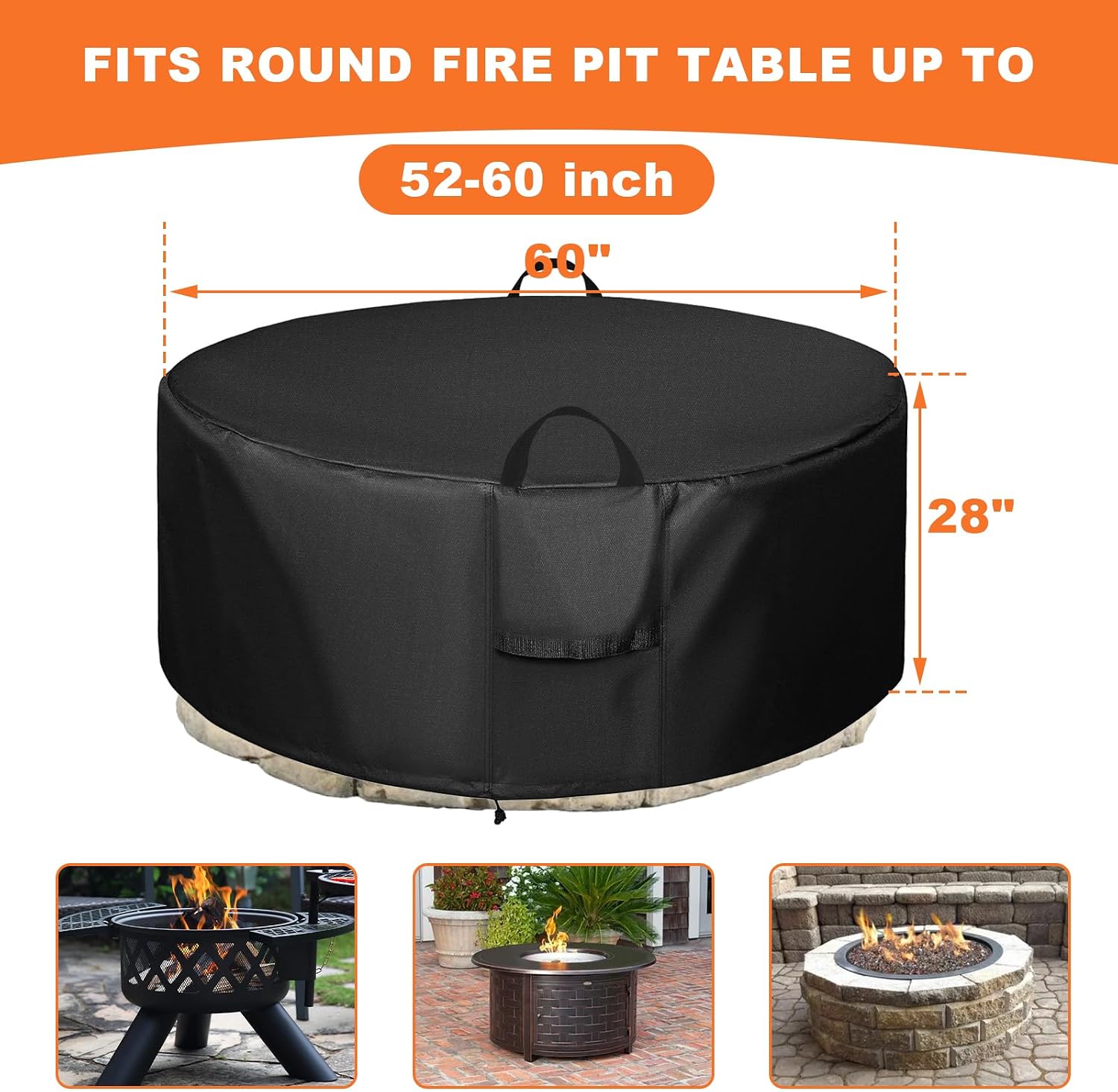 Outdoor Fire Pit Cover for 52-60 inch Fire Pit, 60"Dia x 28"H 600D Heavy Duty Waterproof Patio Table Cover 2ith Handle & Tightening Drawstring, Dustproof Anti UV Outdoor Covers