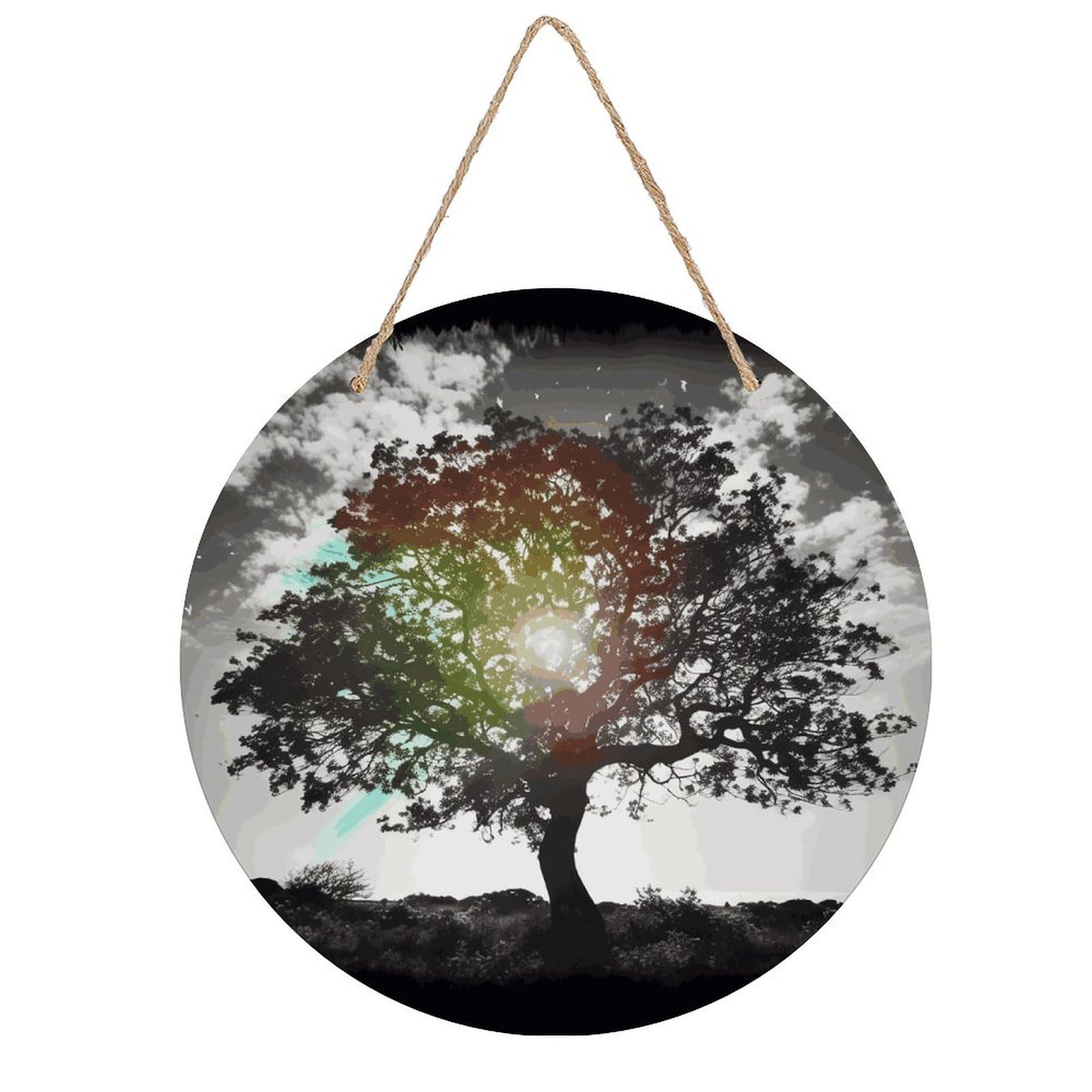 FekiLoot Tree Art Wall Art Decor Round Wood Hanging Sign Decoration Wooden Circle Door Sign Round Hanging Decorative Wood Plaque Door Hanger for Home Outdoor Indoor Decoration