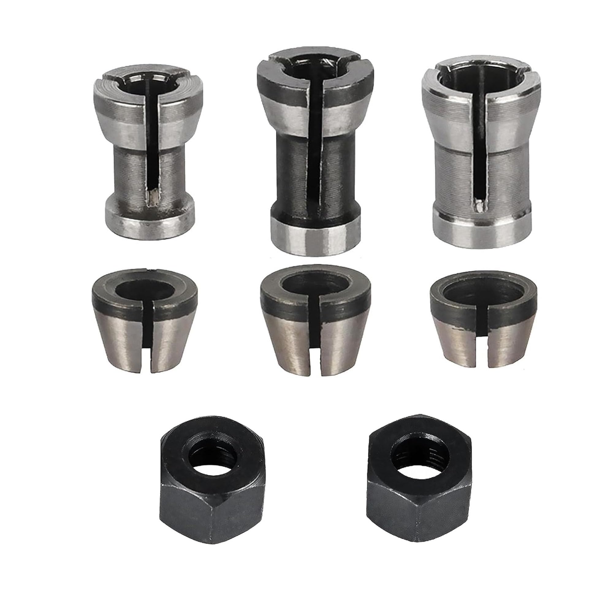Zestaw 8 tulejek zaciskowych, frezarka górnowrzecionowa, akcesoria do Einhell Katsu Bosch Dewalt, 6 adapterów zaciskowych (6 mm, 6,35 mm, 8 mm) + 2 nakrętki do maszyny do grawerowania, precyzyjne