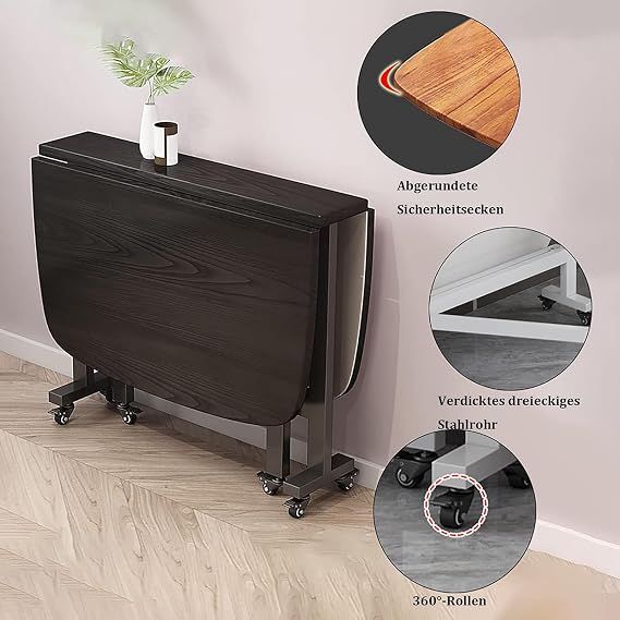 Wood Extendable Dining Table Folding with Universal Wheel- Space Saving Butterfly Design Kitchen Table Round Edge Drop Leaf Gateleg Dining Table,brown,100 * 60 * 75cm