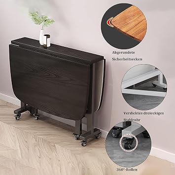 Wood Extendable Dining Table Folding with Universal Wheel- Space Saving Butterfly Design Kitchen Table Round Edge Drop Leaf Gateleg Dining Table,brown,100 * 60 * 75cm