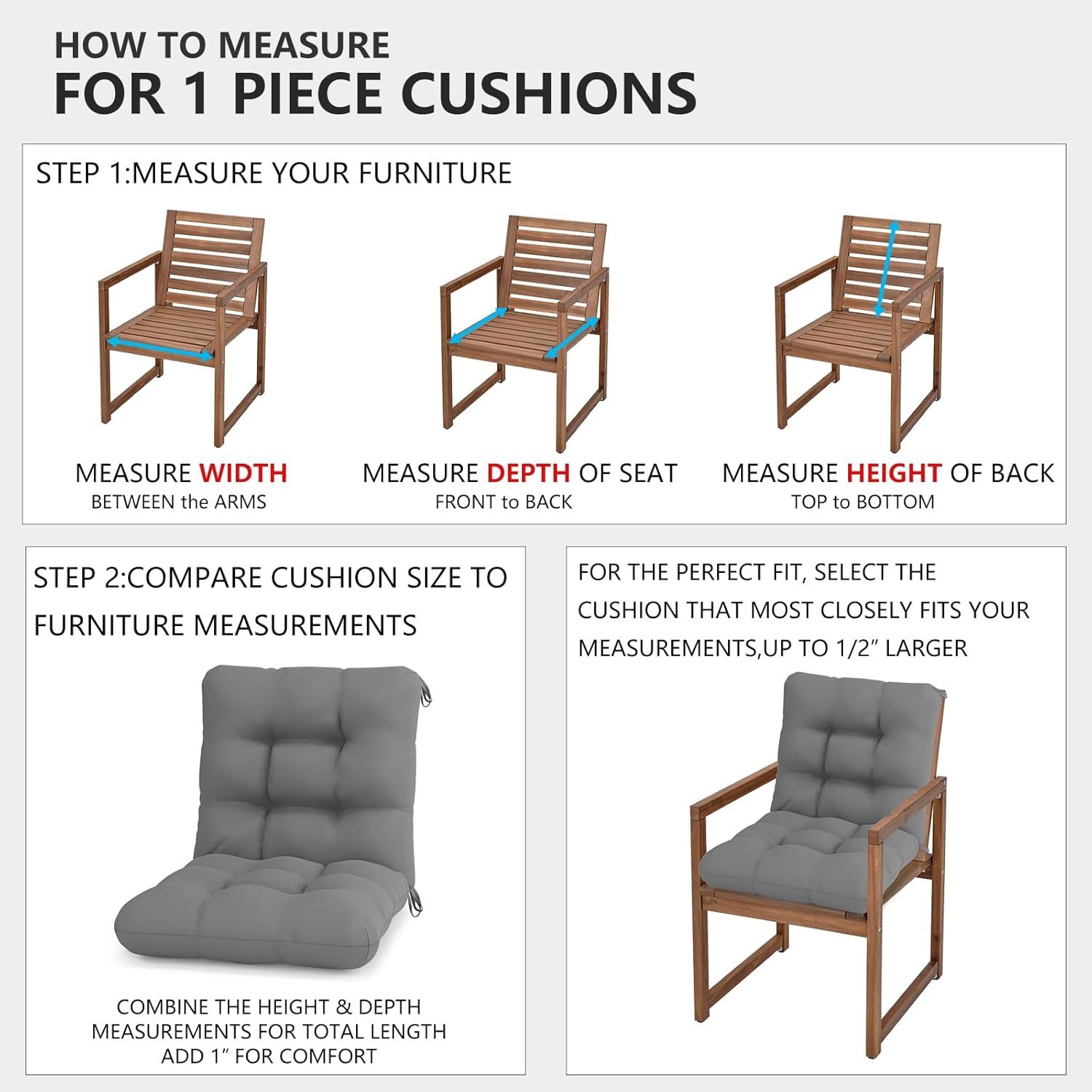 Chair Cushions for Outdoor Furniture 21'' x 21'' Chair Seat Cushion with Back Patio Water-Resistant Solid Indoor Chair Pads 4'' Thick Grey Sunscreen and Fade-Resistant Small Decoration Patio Chair
