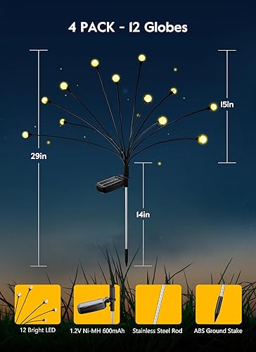Miniatura 7 de Luces solares de jardín  Paquete de 4 12 luces LED solares de luciérnaga con 2 modos de iluminación, balanceo por el viento, luces decorativas