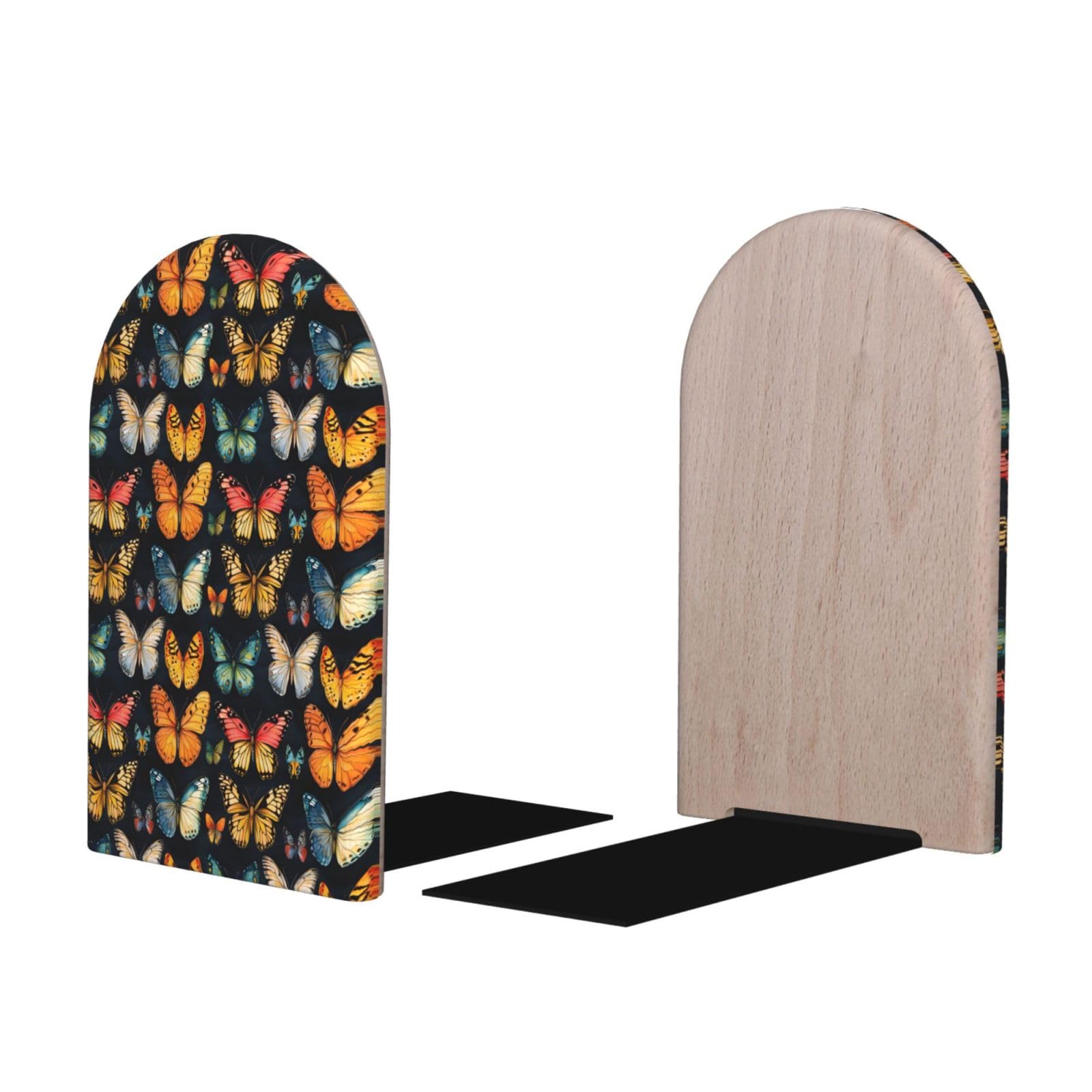 Colorful Butterflies Print BookEnds 1 Pair, Decorative Bookends for Heavy Books, Wood Book Ends for Shelves, Book Organizer for Home Desk Office Supplies