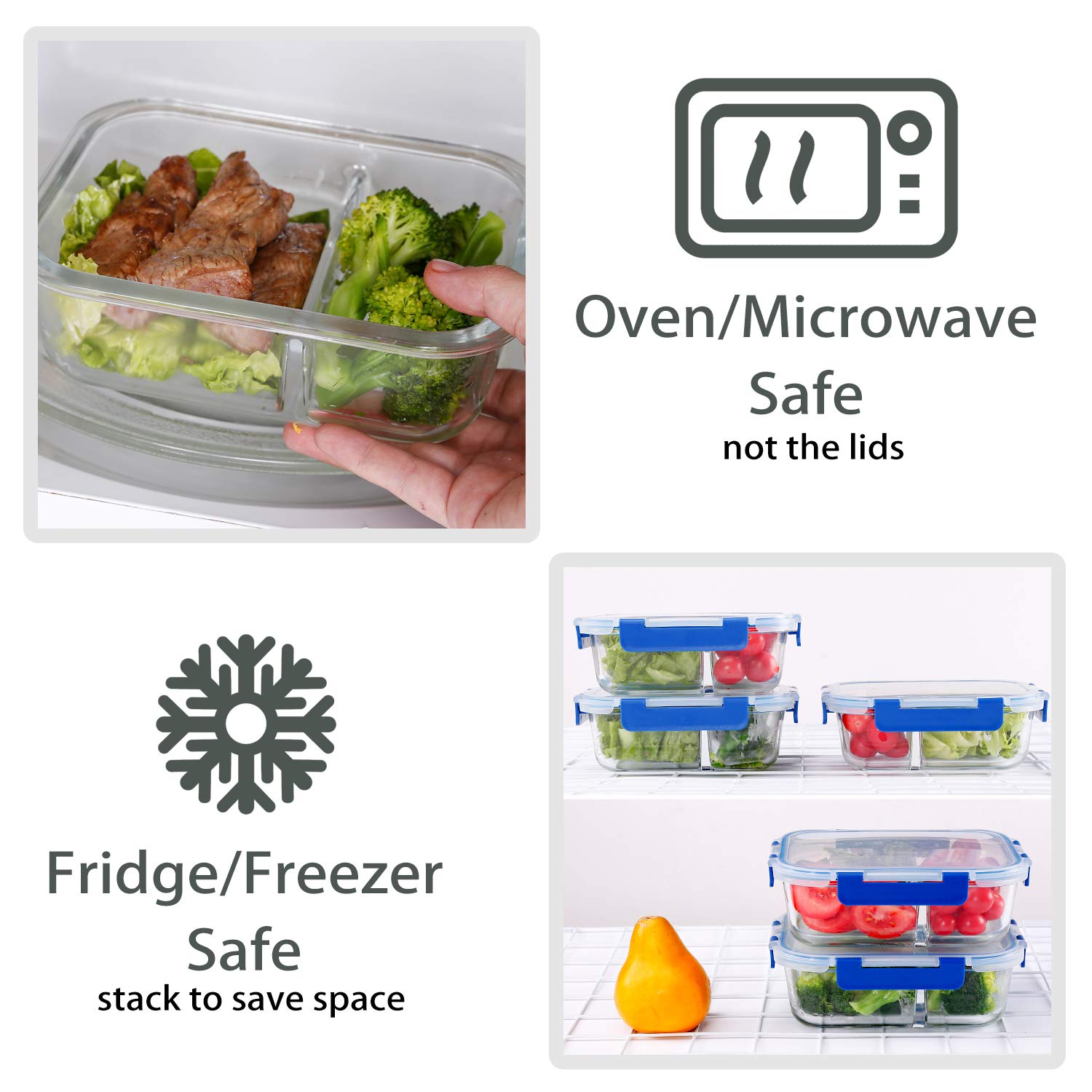 LEAWALK Lot De 3 Récipients Alimentaires En Plastique Avec Couvercles Sans BPA, Anti-fuite, Empilables, Passent Au Micro-ondes Et Au Lave-vaisselle, 946 Ml