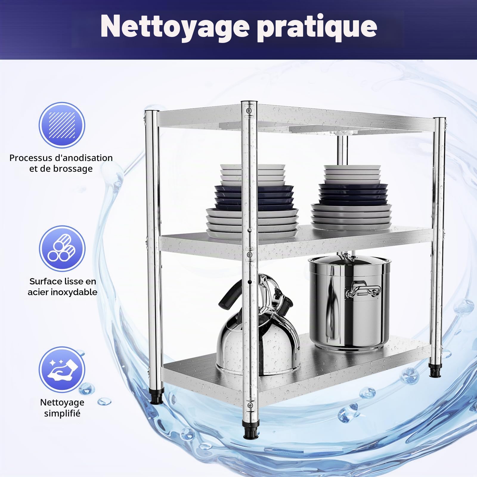 3 Niveaux Étagère de Cuisine,Etagère Rangement Acier Inoxydable,Etagere INOX Cuisine Professionnel,80x80x40cm Structure à Trois, Présentoir Multifonctionnel