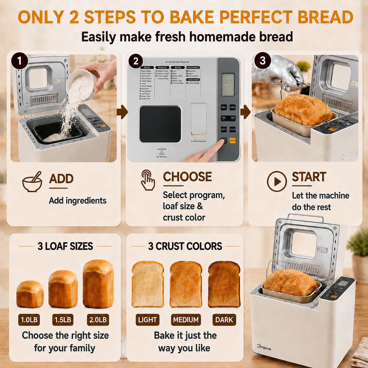 25-in-1 Bread Maker, 2LB Automatic Bread Machine with Dual Dispensers