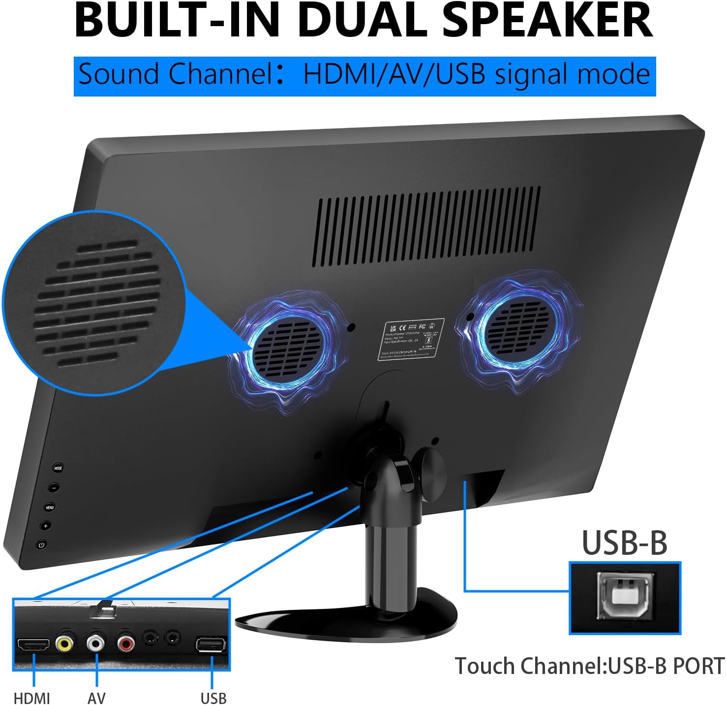 Close-up image of the back of the monitor highlighting the built-in dual speakers and the USB-B port for touch functionality.
