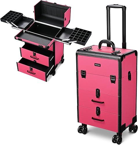 BYOOTIQUE Estuche de tren de maquillaje con ruedas de 4 niveles, organizador profesional de almacenamiento de cosméticos, carrito con cerradura con