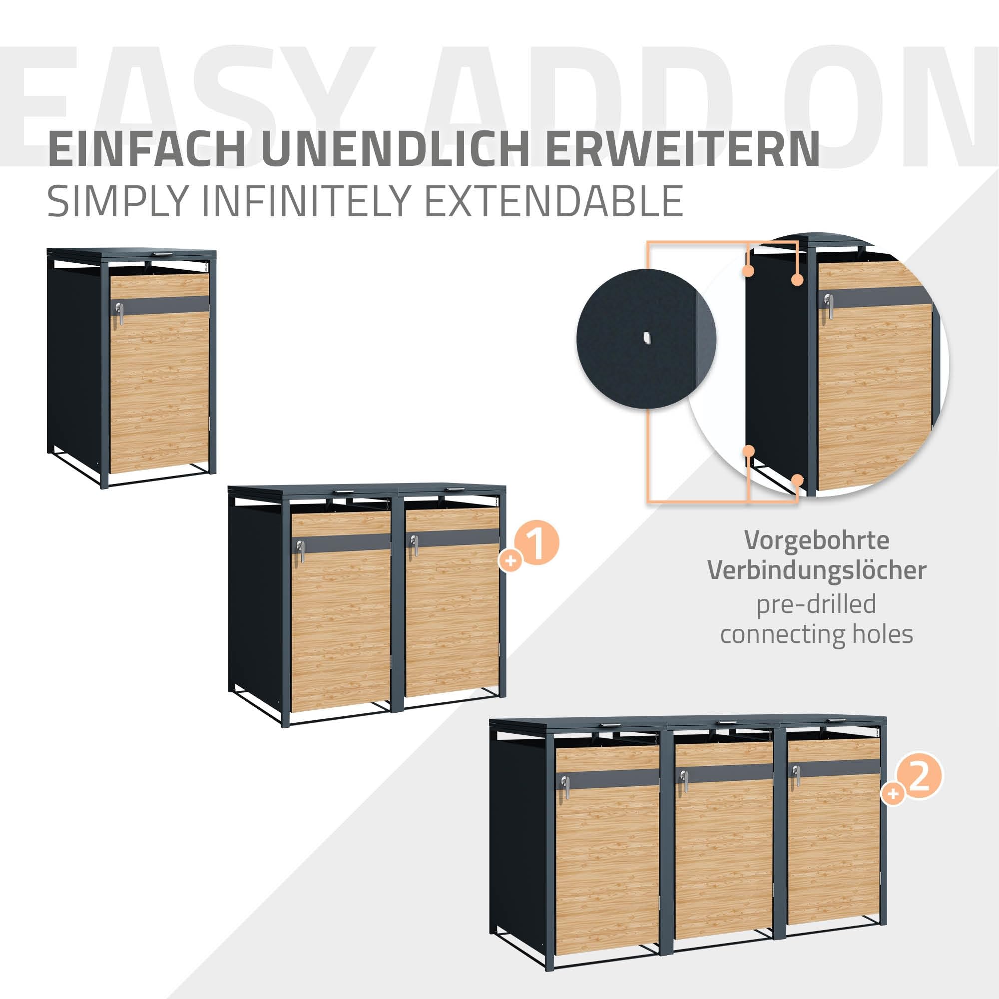 ML-Design Cobertizo de Exterior para 1 Cubo de Basura de 240L 68x80x116,3cm Antracita con Aspecto de Madera de Alerce Mueble Cubre-Contenedor de Acero Resistente con Tapa y Puerta con Cerradura