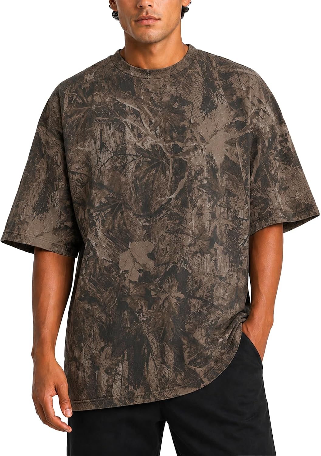 Mens Camo Oversized Shirt Y2k Crewneck Maple Leaf Printed Short Sleeve Summer Graphic Tees
