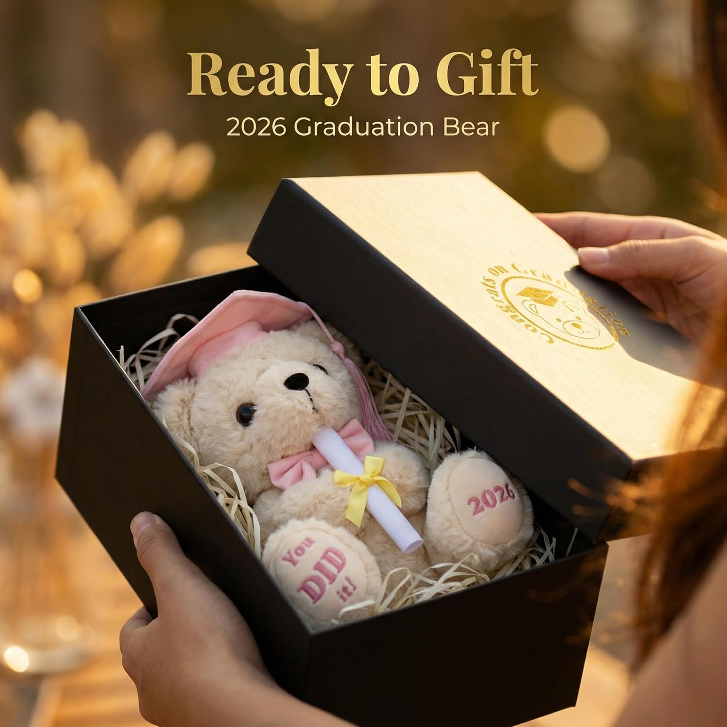 Pink Graduation Bear 2026 with Gold-Stamped Gift Box, 8 Inch Cute Graduation Stuffed Animal for Girls, Soft You DID It Teddy Bear with Pink Cap & Diploma, Class of 2026 Gift for Her