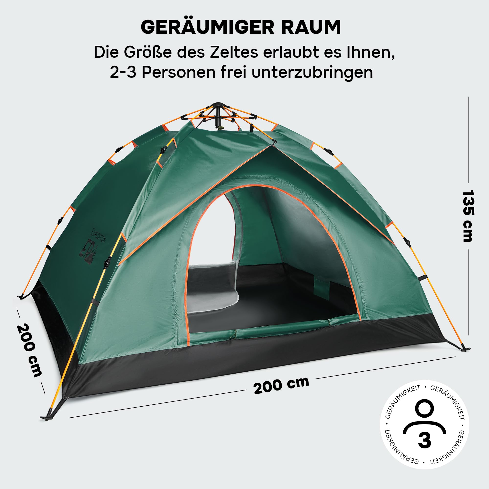 Zelt 2-3 Personen - Wurfzelt Wasserdicht - Automatik Pop Up Zelt - 200x200x135cm Trekkingzelt- Schnellaufbau Camping Igluzelt - Leicht Campingzelt