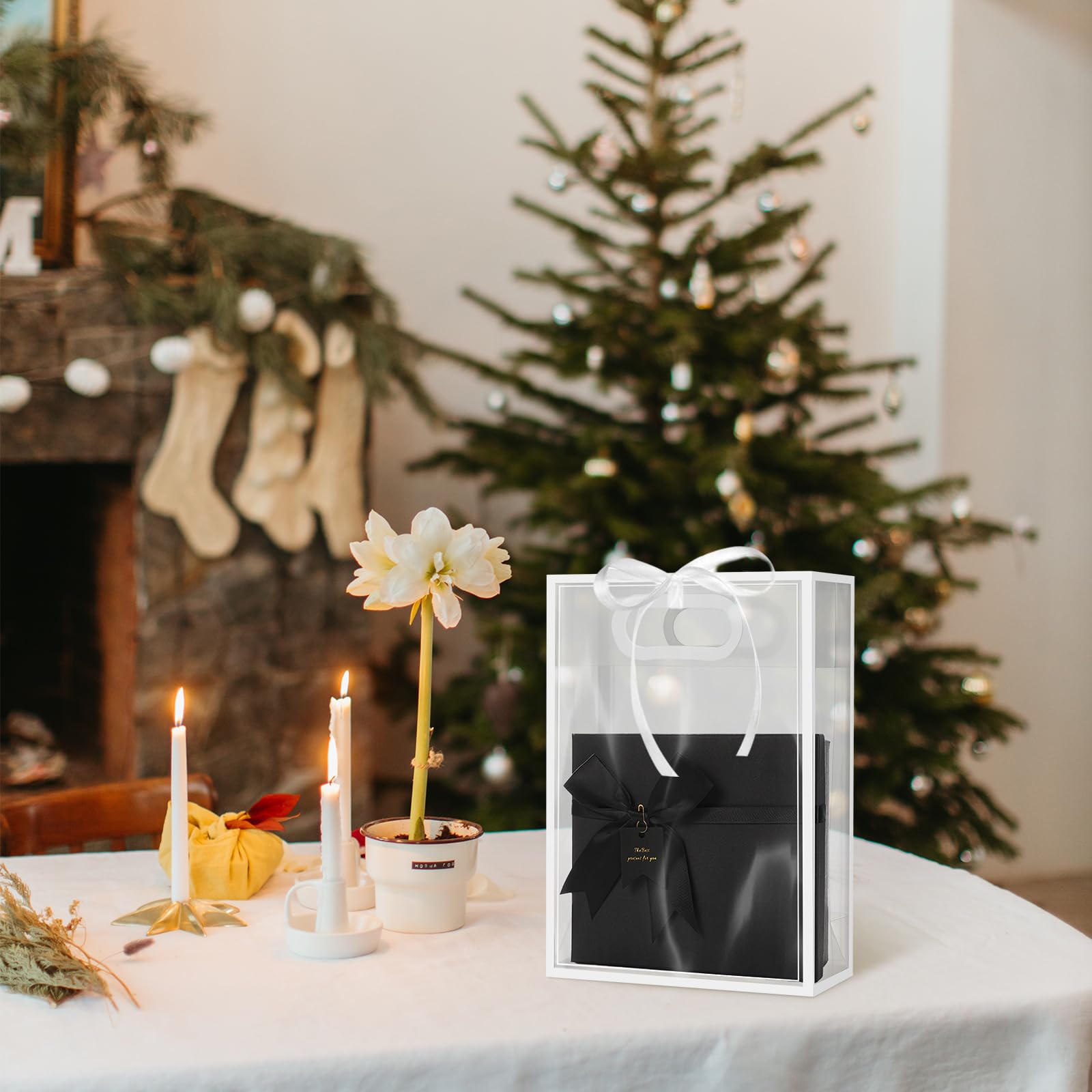 ALEXPRE 24 bolsas de regalo de plástico transparente con asas de 7 x 10 x 3.2 pulgadas, bolsas de regalo reutilizables de polipropileno con cinta, bolsas de regalo de plástico transparente para bodas,