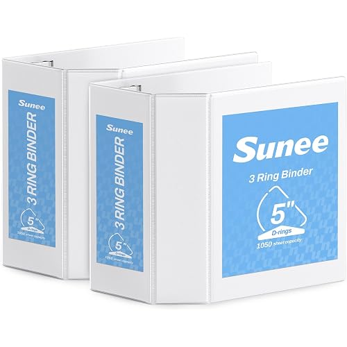 SUNEE 5 Inch Binder 3 Ring Easy Open, 5" Extra Large D Ring Clear View PVC-Free (Fit 8.5x11 Inches) for Office or School Supplies, White, 2 Pack