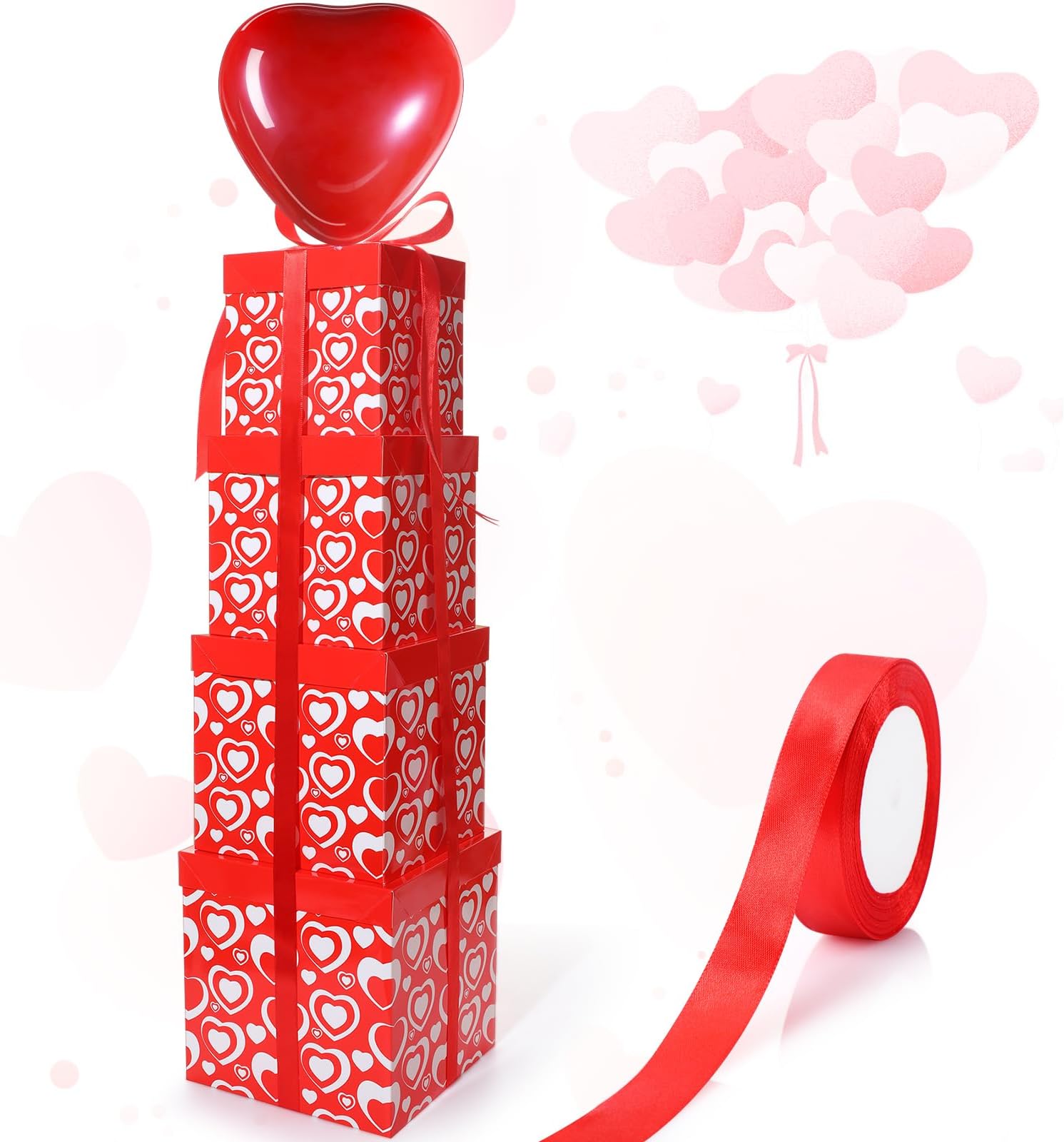 Funnymoom 4 Pack Nesting Gift Boxes Valentine's Day Nesting Gift Boxes with Lids Square Stacking Gift Boxes with Heart Balloon for Valentine's Day Gifts Decorate Birthday Wedding Christmas Party Box