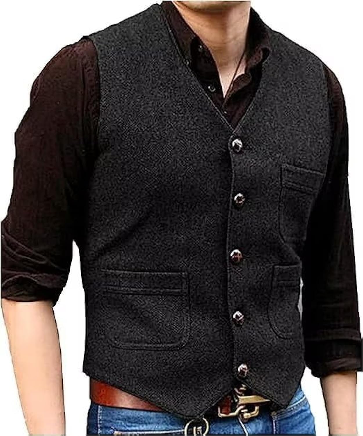 Mens Vintage Tweed Suit Vest V Neck Casual Wool Waistcoat for Wedding Groomsmen Men's Formal Vest