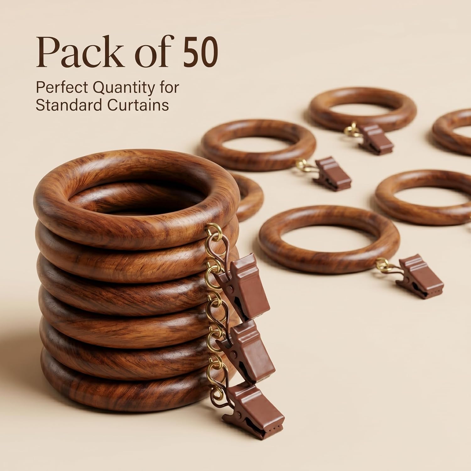50 Pieces Large Wooden Drapery Curtain Rod Rings with Clips for 2 inch to 2.5 inch Rod Pole, 2.7 inch Inner Diameter, Natural Rosewood (50, 2.7 INCH Inner Dia)