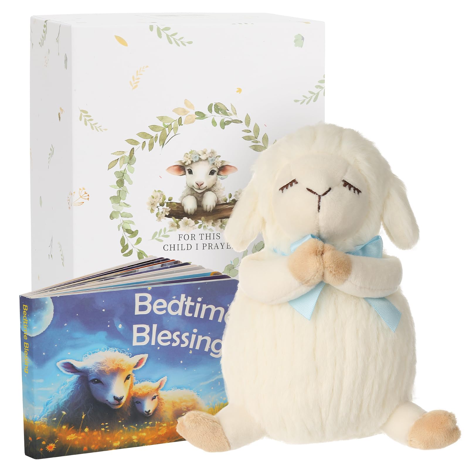 Sawnfay Baptism Gifts for Boys, Baptism Gifts and Newborn Baby, Christening Gifts Set, 7" Praying Lamb Plush Toy and Bedtime Blessing Board Book in Keepsake Gift Box, Ideal Easter Gifts for Kids