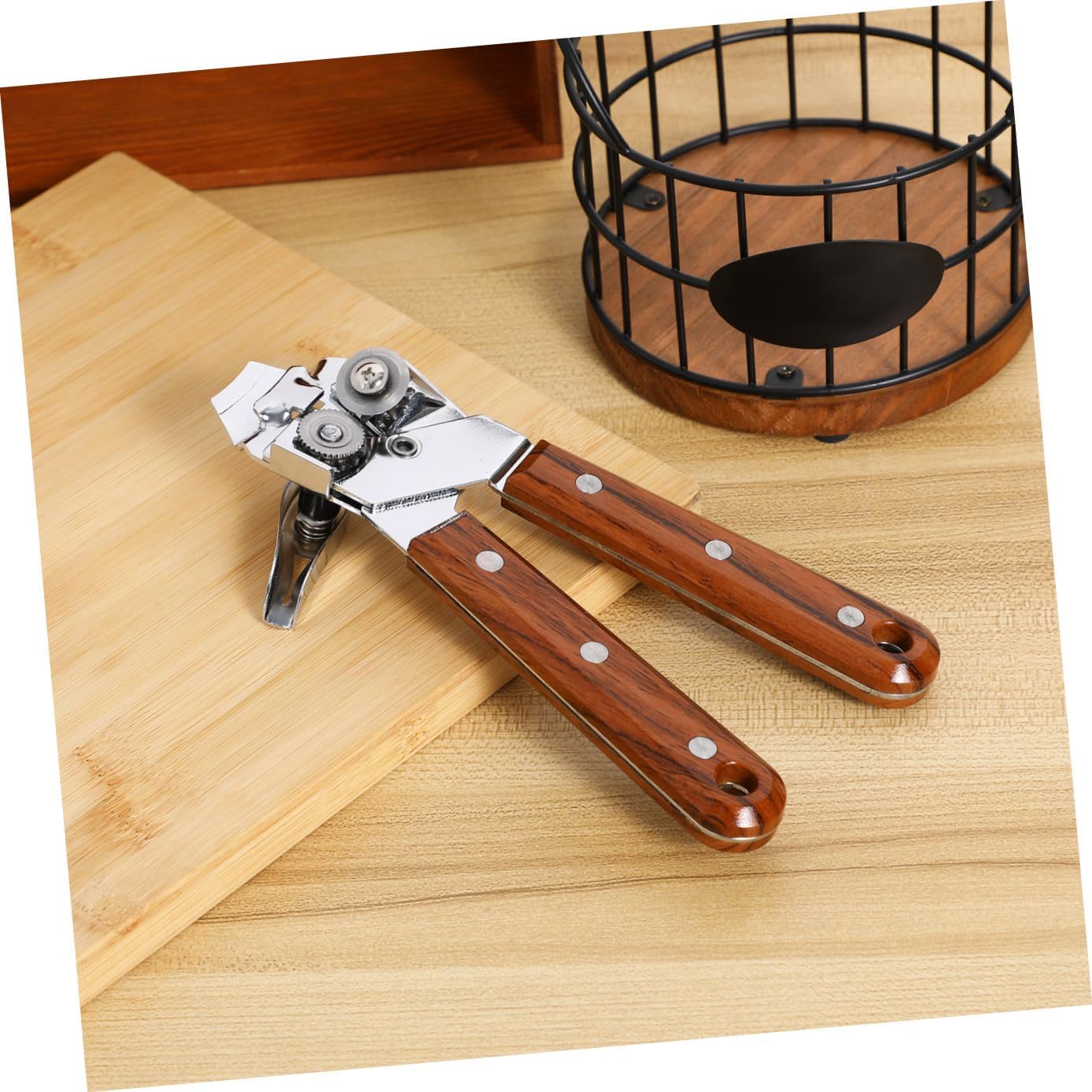 Manual Can Opener Wooden Handle Stainless Steel Beer and Bottle Opener for Home Kitchen Use Effortless Grip and Construction Essential Kitchen Gadget