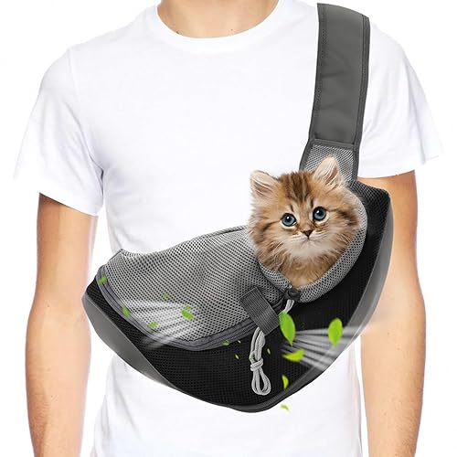 Small Dog Sling Carrier, Mesh Adjustable Pet Sling Carrier Zipper Pocket Breathable Hand Free for Small Medium Dogs Cats Outdoor Travel (up to 5 pounds) - gray - Small
