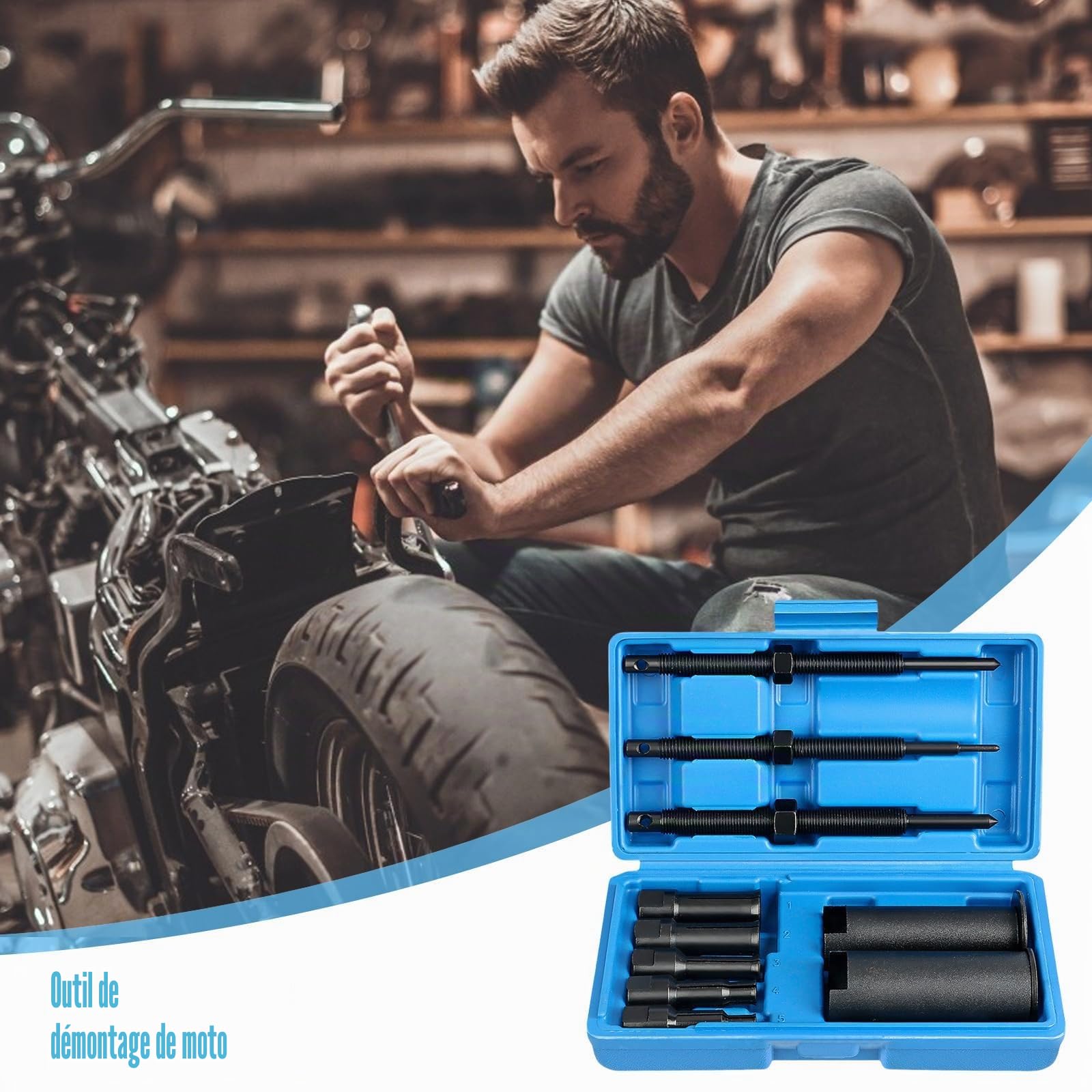 Extracteur de roulement intérieur de moto de 9 à 23 mm avec étui de moulage par soufflage portable - Extracteur de roulement intérieur - Kit d'extracteur de roulement de roue avec 5 collets