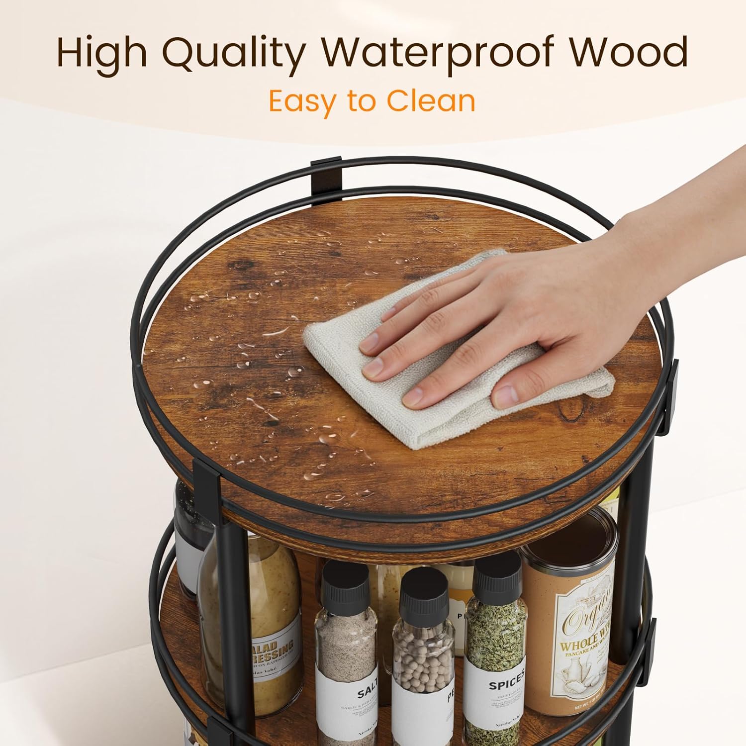 Rotating Spice Ra, 2 Tier Lazy Sn Organizer, Wood Kitchen