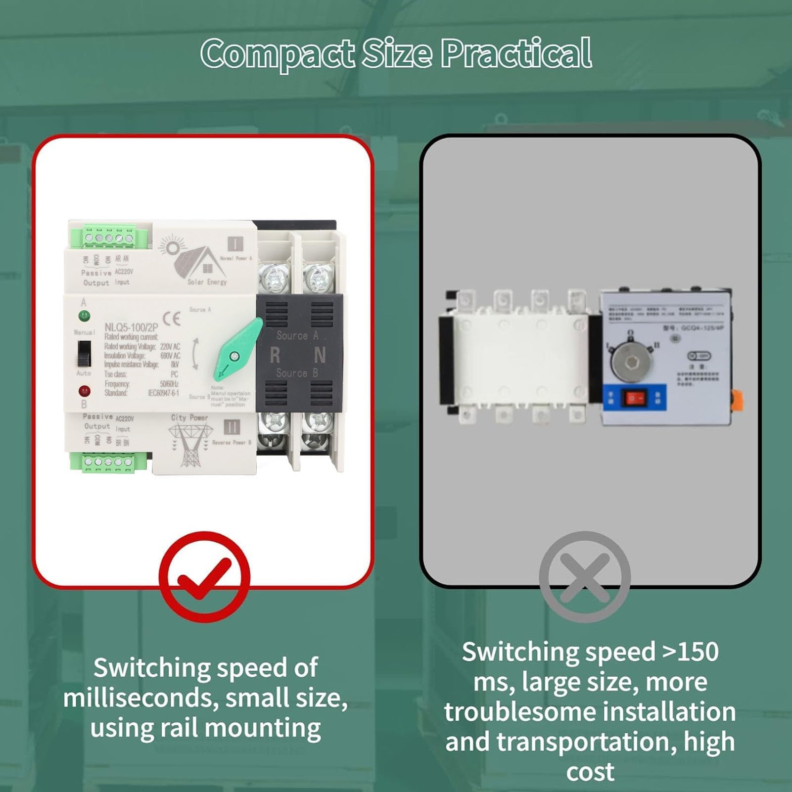 Interruttore di Trasferimento Automatico a Doppia Alimentazione 2P Mini ATS 35mm Commutatore per Generatore su Guida DIN AC220V per Fabbriche Centri Commerciali (100A)
