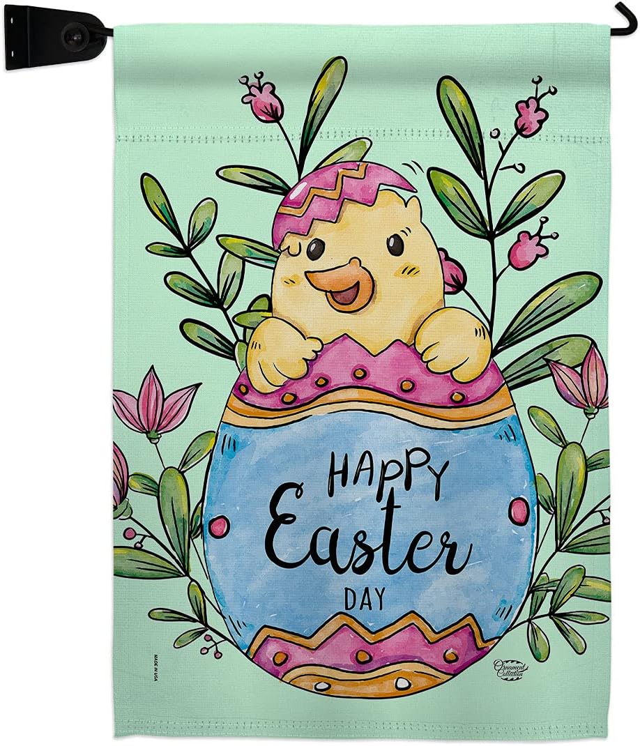 Happy Chick Garden Flag Set Wall Hanger Springtime Easter Bunny Egg Christian Season Holiday Small Decorative Gift Yard House Banner Made In USA 13 X 18.5