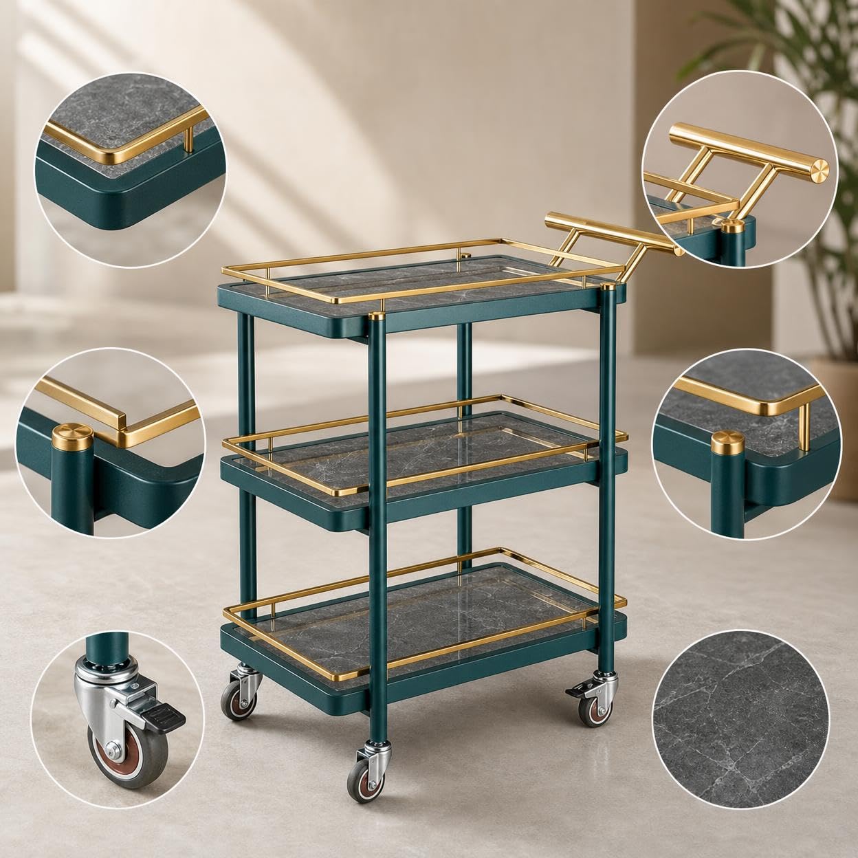 Carrito Auxiliar con Ruedas Silenciosas, Camarera Servicio 3 Niveles, Mueble y Vidrio, Verde Oscuro