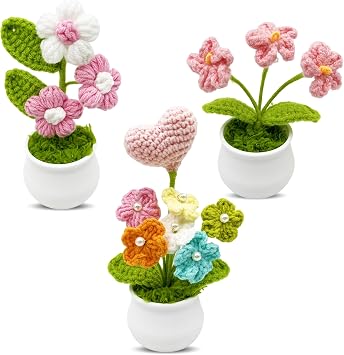 3pcs Crochet Flowers Cute Potted Flower,Mini Flower Bouquet for Mom Wife, Cute Desk Decor for Women,Artificial Handmade Flowers for Car Dashboard,Home Office Decoration Color#8