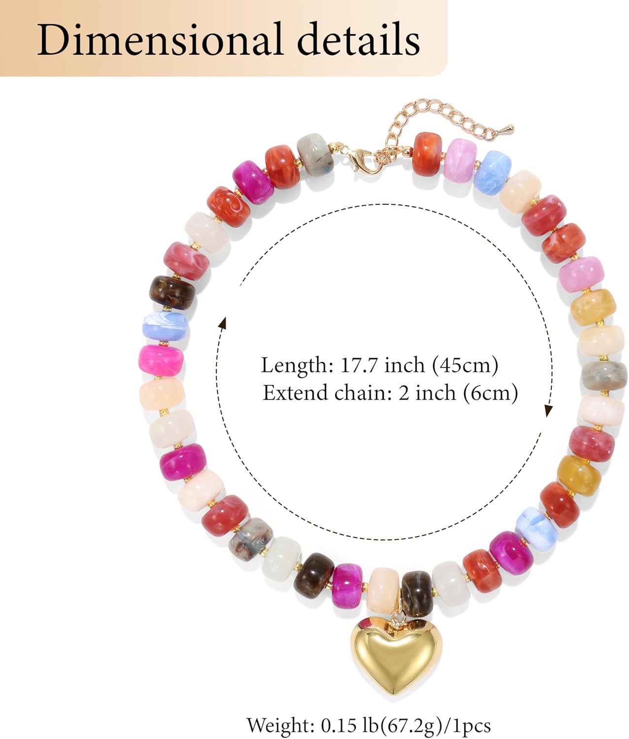 Acrylic Colored Beads Necklace Handmade Stainless Steel Adjustable Chain Bohemian Style Heart Pendant Choker Chain for Women Summer Beach Birthday Gift