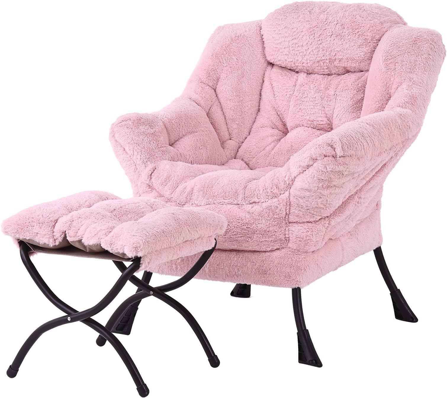 Comfy Armchair with Footstool, Lazy Chair with Ottoman Leisure Accent Chair Relax Lounge Chair with Armrests & Side Pocket for Living Room, Bedroom & Small Spaces Armchair, Plush Pink