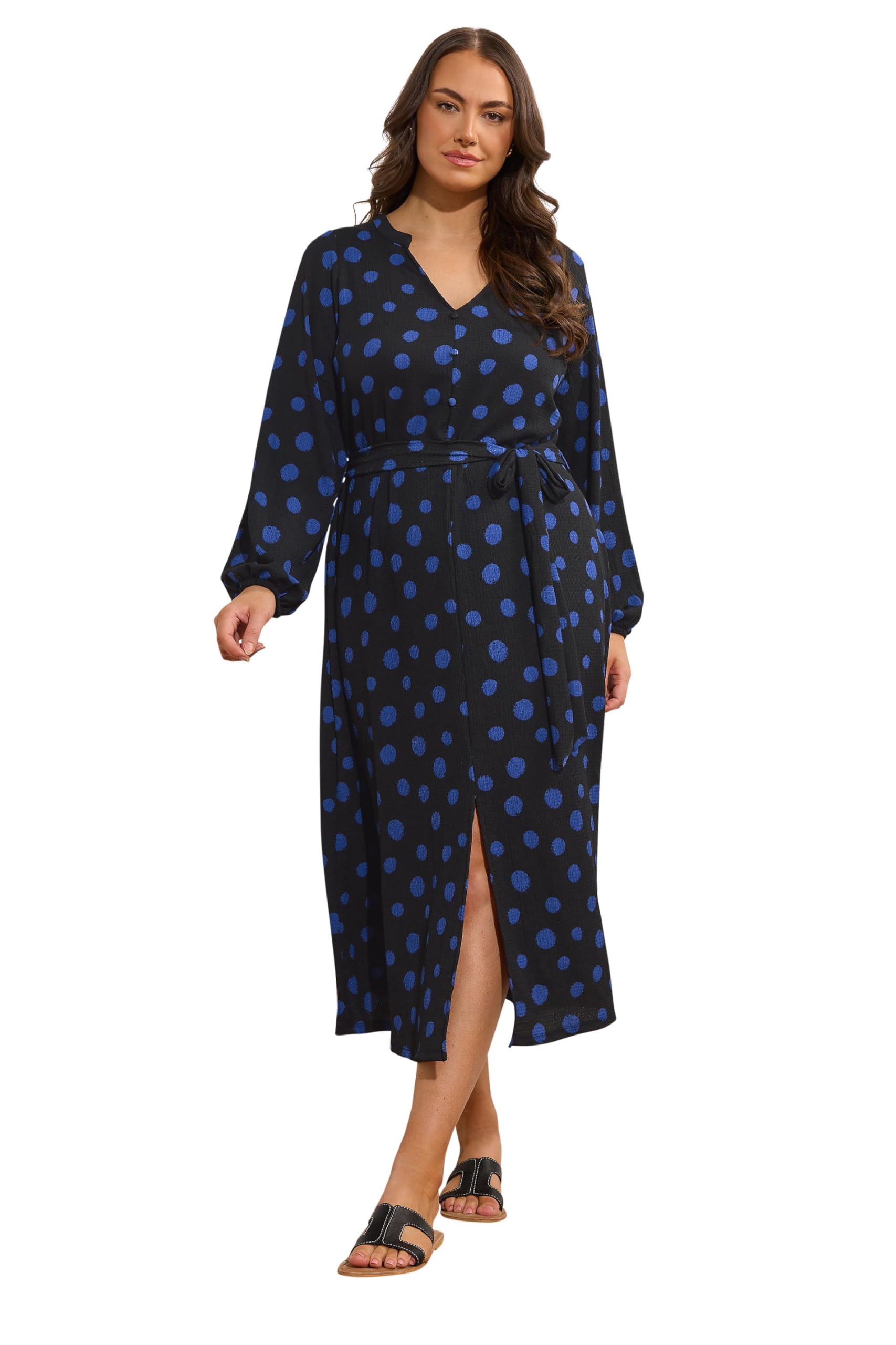 Evans Women's Black Plus & Blue Spot Print Split Front Dress Size 22-24
