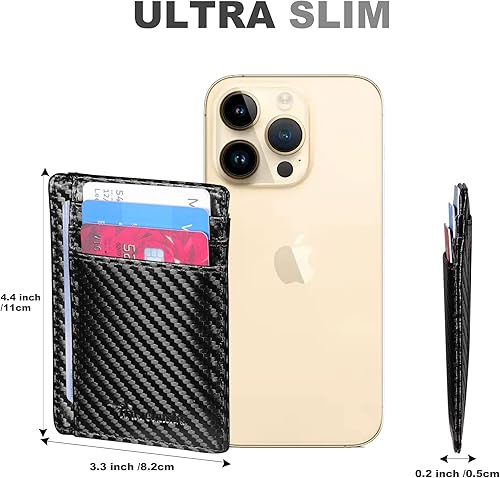 Miniatura 9 de Travelambo Cartera delgada de cuero minimalista con bolsillo frontal RFID que bloquea la textura de fibra de carbono Azul  Patchwork talla única