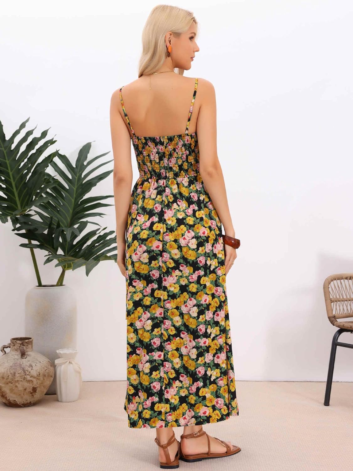 Allegra K Smocked Floral Maxi Dress for Women's Boho Spaghetti Strap Long Sun Dresses - Image 2