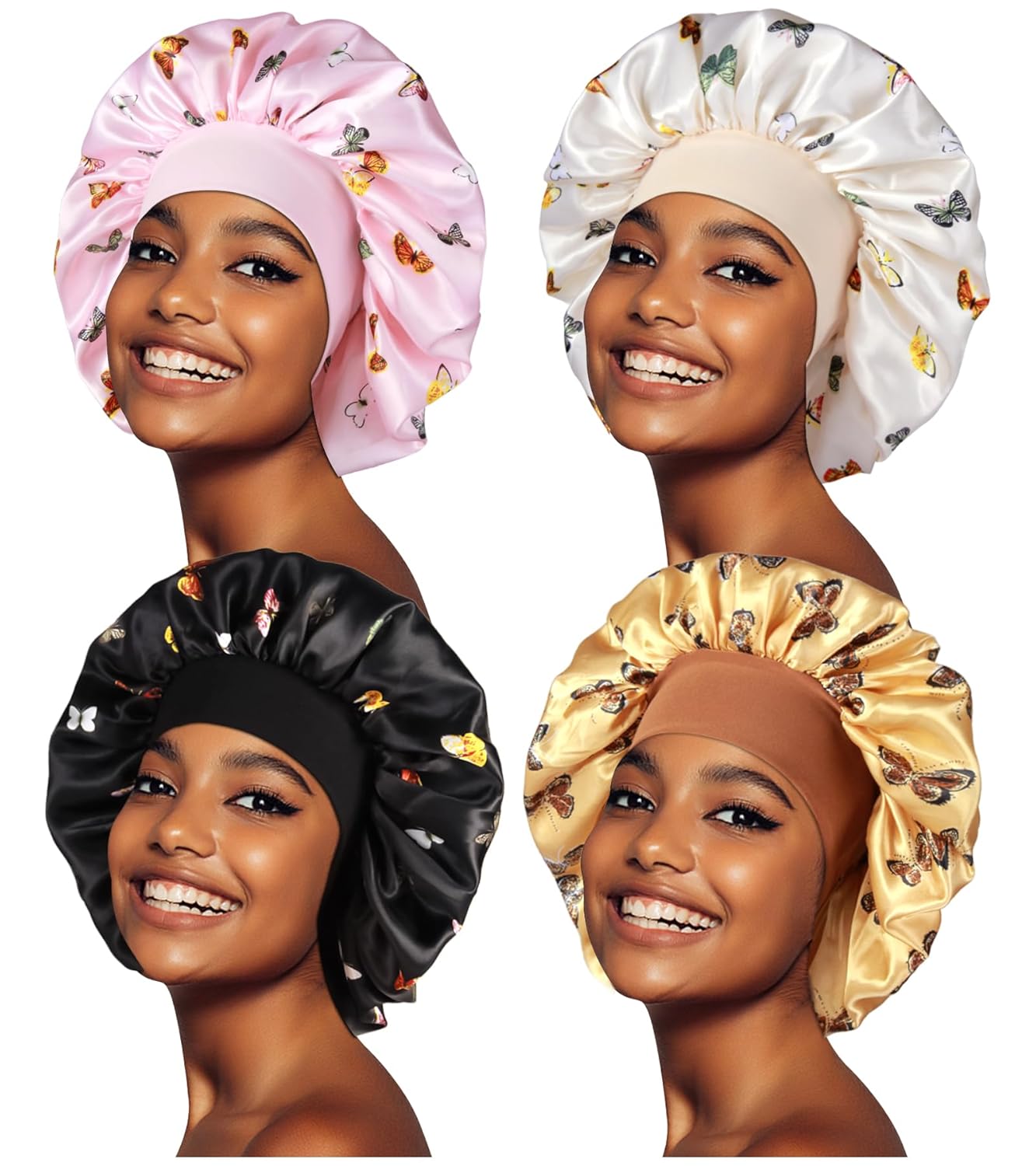 4pcs Large Satin Bonnets for Sleeping, Silky Hair Bonnet for Curly Hair Black Women Braid, E (5-6, E -) Thumbnail