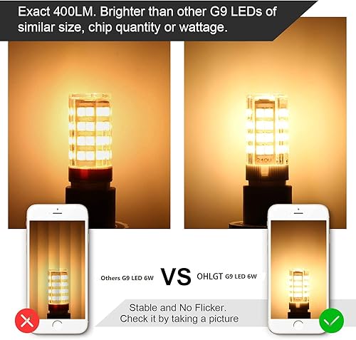 Miniatura 5 de Bombillas LED G9 regulables de 6 W (equivalente a bombilla halógena de 60 W), blanco cálido 3000 K, 110 V-130 V, 600 lm bi pin para iluminación del