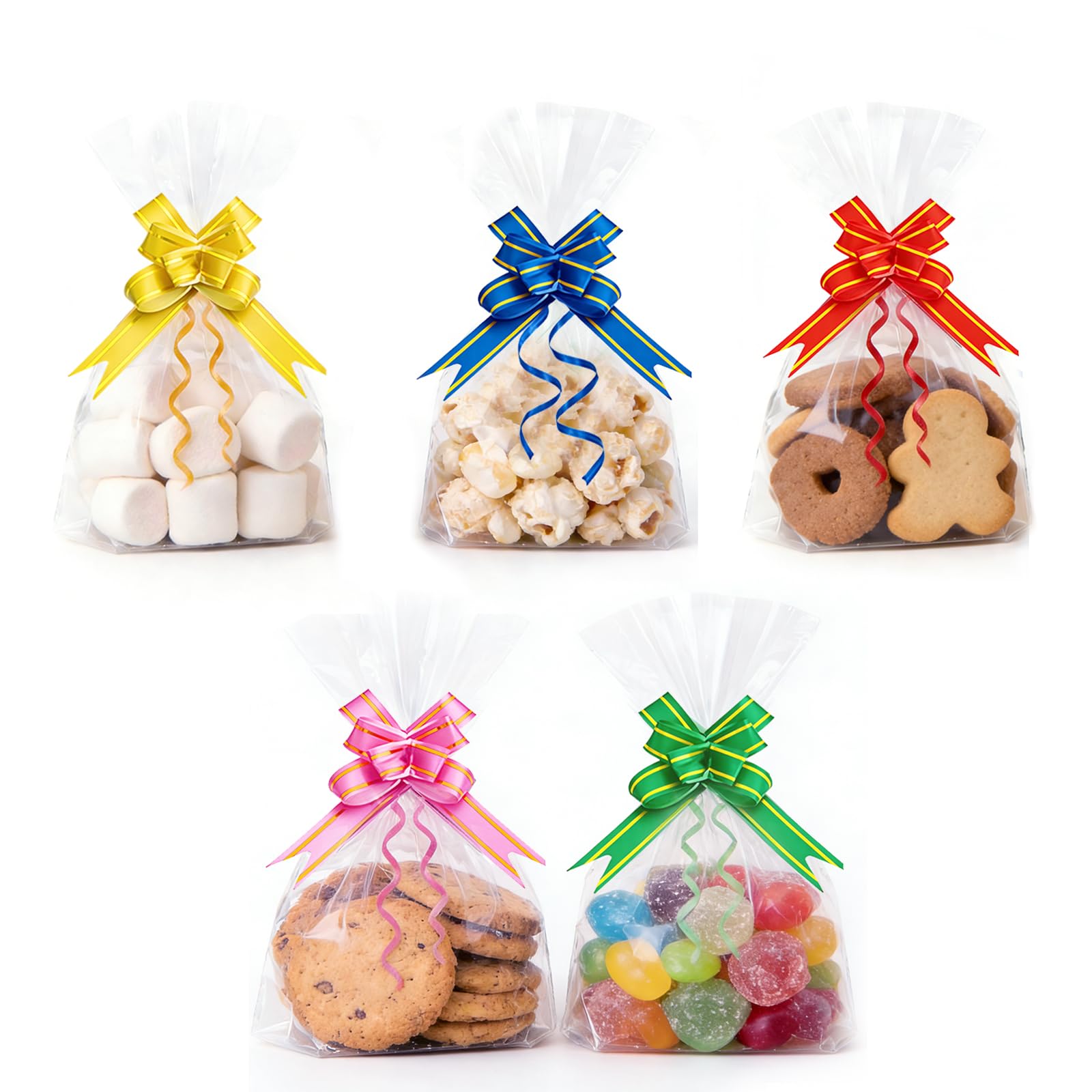 100 Pcs 6x10 Inch Clear Cellophane Bags with 100 Pcs Colorful Pull Bows,Cellophane Gift Bags for Cookies, Candy & Sweets, Small Treat Bag for Present Packaging of Festive,Party,Birthday