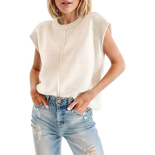 Casual Cap Sleeve Sweater for Women Crew Neck Loose Fit Cotton Pullover Tops Knit Light Sweater Tops