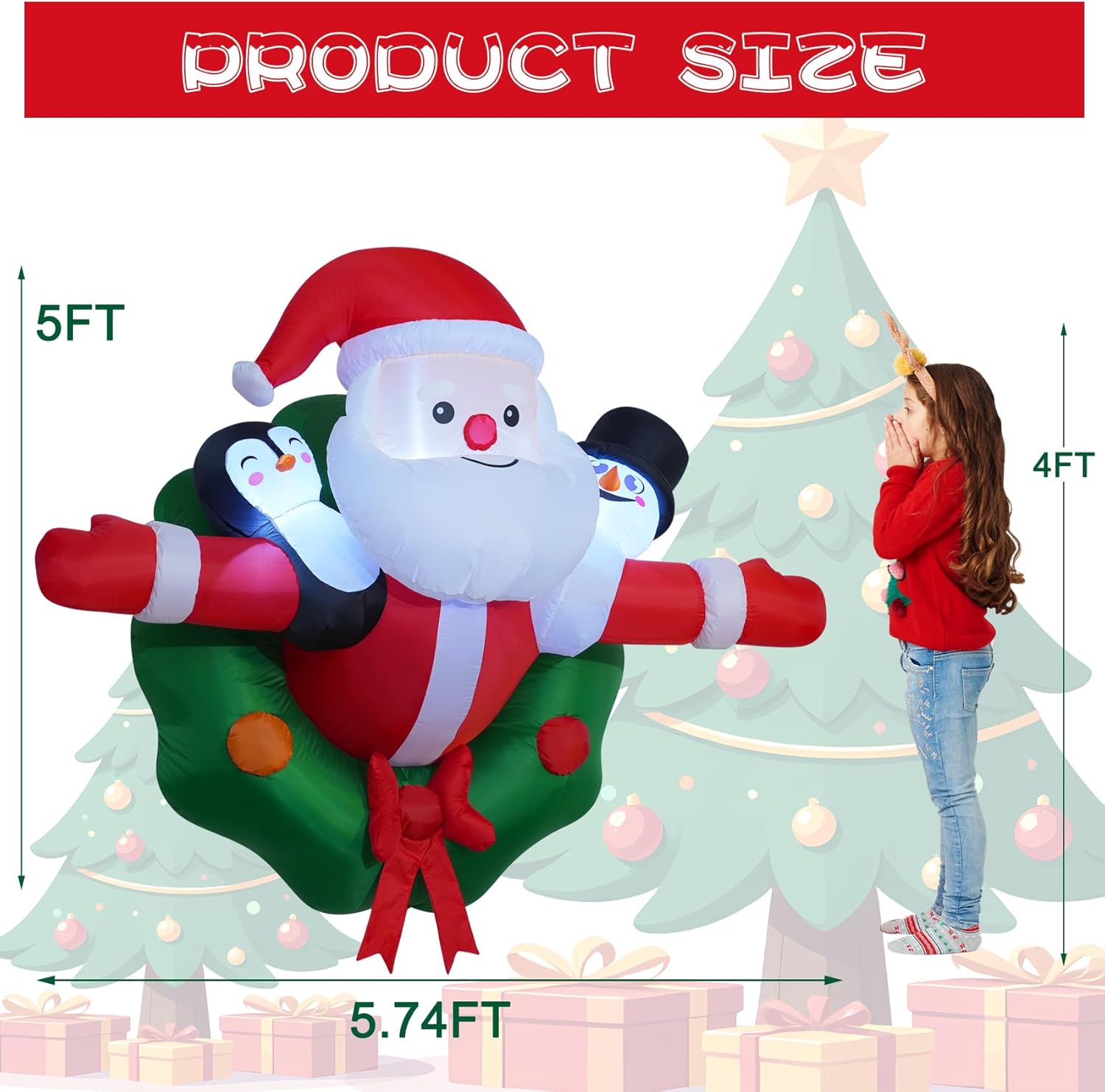 5FT Christmas Inflatables Festive Wreath with Santa Penguin Snowman Outdoor Window Decorations Christmas Blow ups Hanging Santa with Built-in LEDs for Xmas Party Garden Indoor Decor