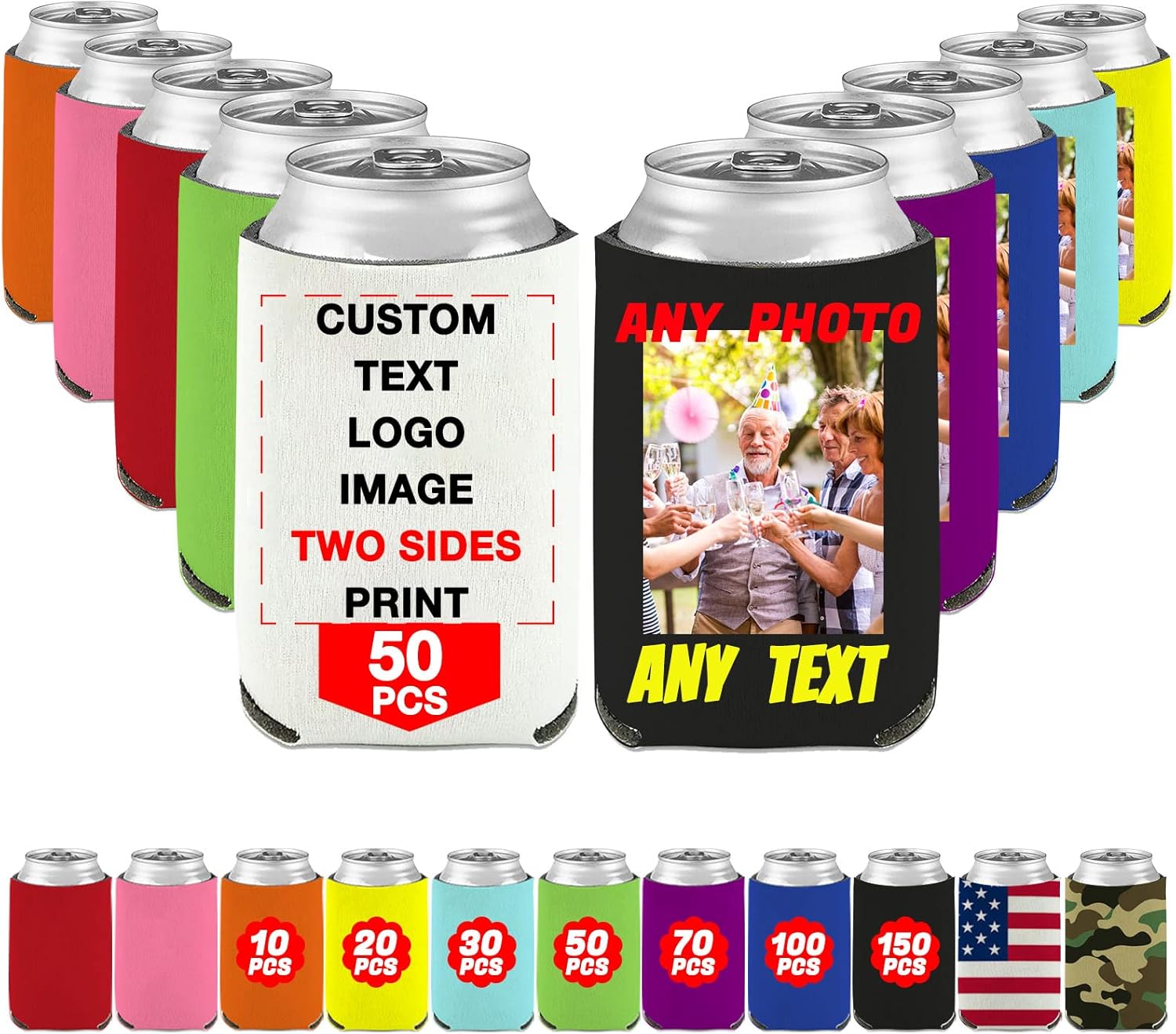 Custom Can Beer Coolers Sleeve 50 PCS Bulk Personalized Insulated Beverage Bottle Holder with Photo Image Logo Text for Party Wedding Birthday